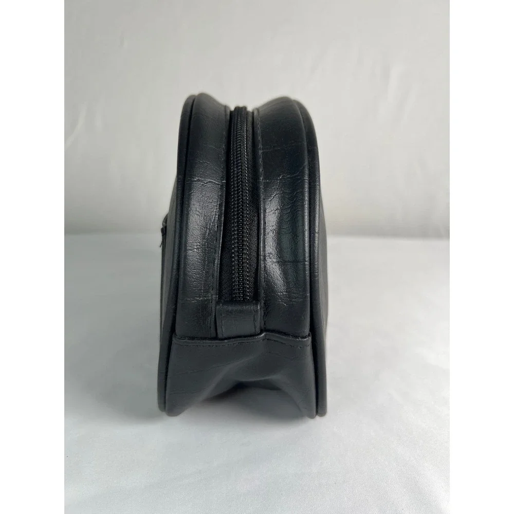 Vintage black faux leather zippered travel pouch or cosmetic bag, ID card slot